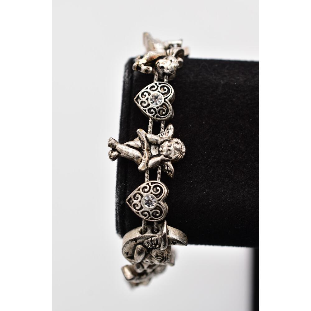 Vintage SP Silver Tone Angel Cherub Heart Slide Charm Bracelet 8” Signed BinBR